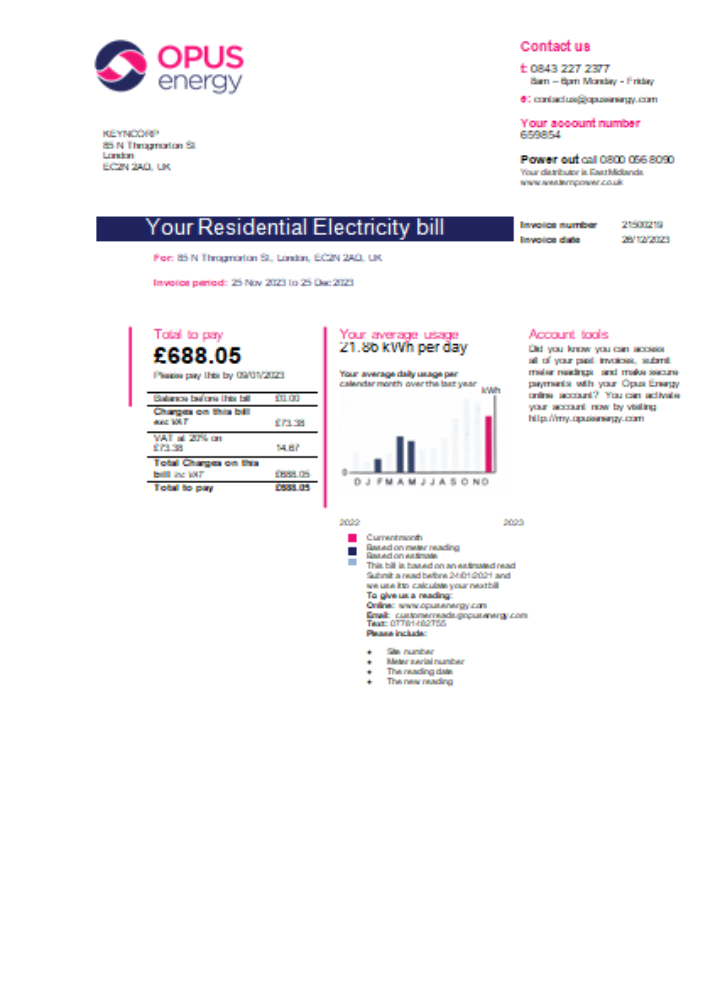 Download Opus Energy electricity utility business bill,  page 1, SCR Photoshop template